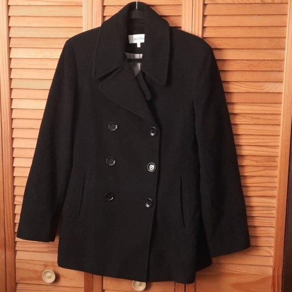 Calvin Klein Black Double Breasted Fully Lined Wool Cashmere  Peacoat Size 8